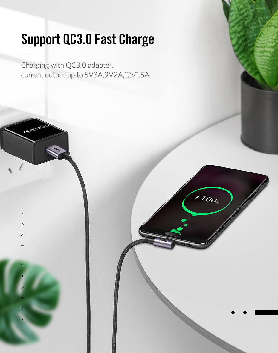 UGREEN USB 2.0 3A Male to USB-C (90°) Cable Nylon Braided Fast Charger for Samsung Xiaomi Android