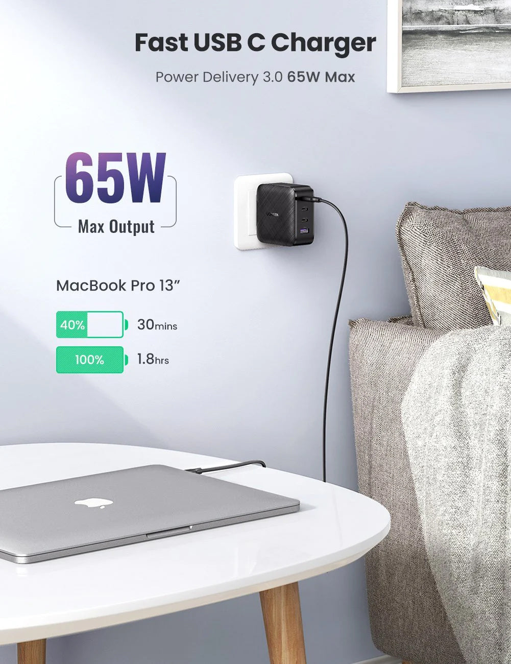 UGREEN 65W 4 Port 3C1A PD GaN Fast Charging Charger 3 USB-C (Type-C) ports and USB-A for Apple Android Laptop Charging