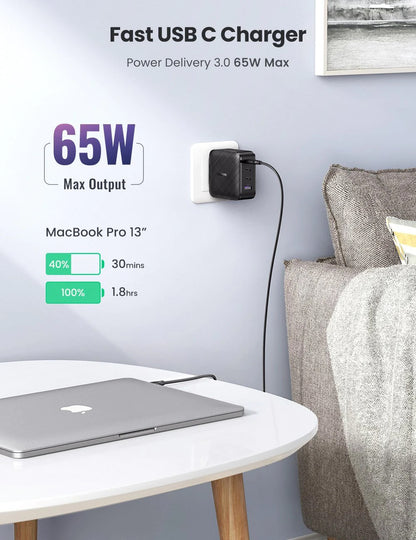 UGREEN 65W 4 Port 3C1A PD GaN Fast Charging Charger 3 USB-C (Type-C) ports and USB-A for Apple Android Laptop Charging