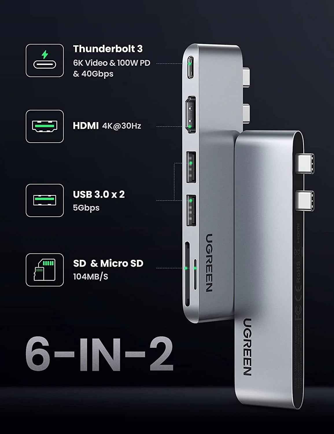 UGREEN 2xUSB-C to 3xUSB3.0-A+SD+TF+PD Multifunction Adapter for Macbook Thunderbolt 3