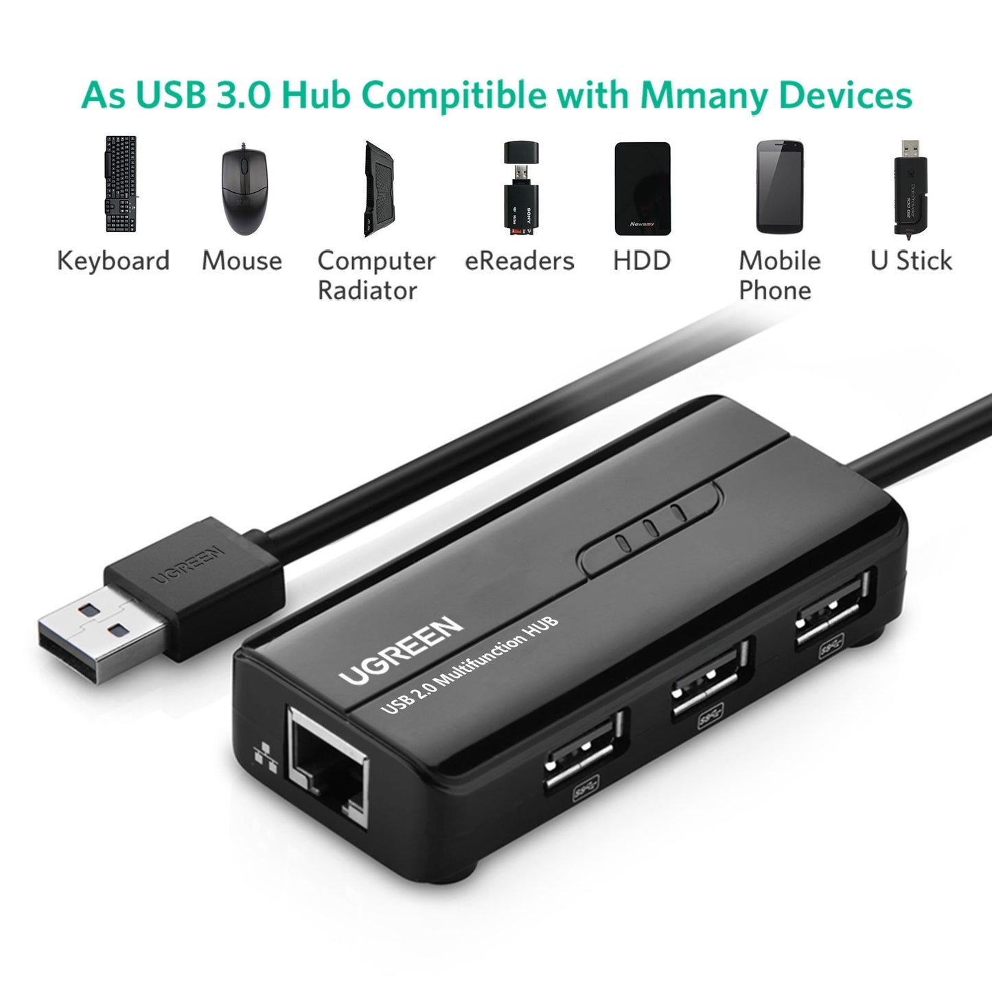 UGREEN 4 Port USB 2.0 Hub with 10/100Mbps RJ45 Ethernet Network Adapter / USB 3.0 Hub with Gigabit Ethernet Adapter
