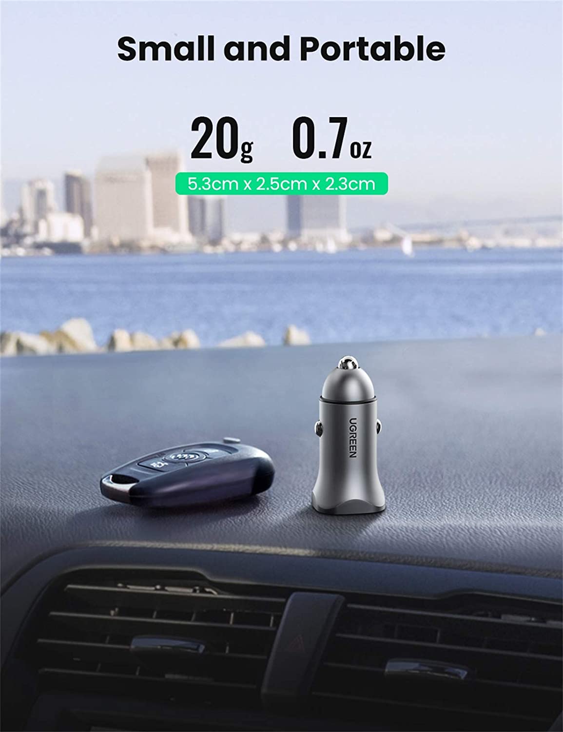 UGREEN PD Fast Car Charger, 18W USB C and USB A Dual Ports Metal Mini Car Adapter