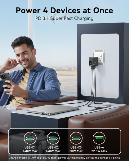 MOKiN 140W Laptop Charger(4-Port,PD3.1) with Smart Display - PH