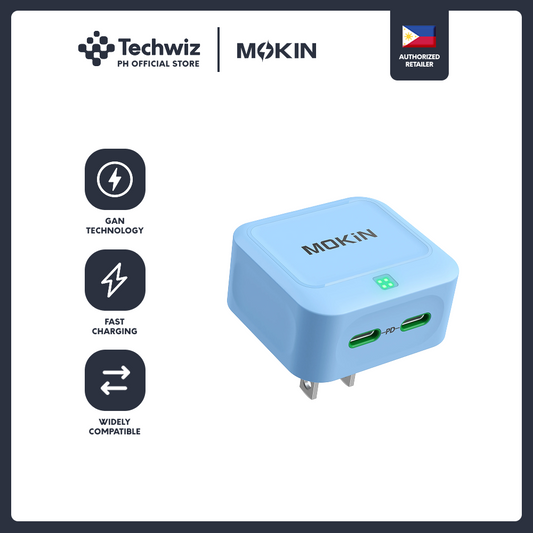 MOKiN 40W Fast GaN Charger Type-C Original for iPhone 16 and Android | Fast Charging Phone Charger with Protector Blue/ White - PH