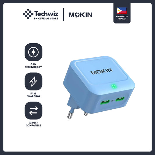 MOKiN 40W Fast GaN Charger Type-C Original for iPhone 16 and Android | Fast Charging Phone Charger with Protector Blue/ White - PH