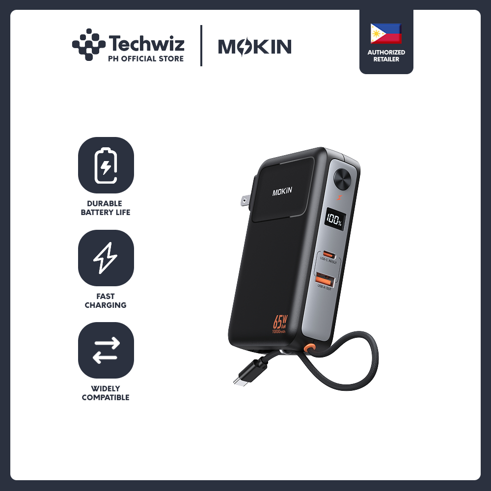 MOKiN Portable Charger with 10000mAh Power Bank (Built-in USB-C Cable) and 65W Wall Charger - PH