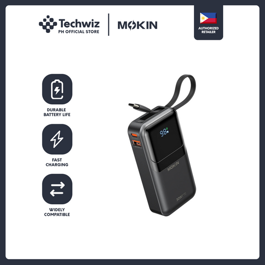 MOKiN 10,000mAh 30W Portable Power Bank - Built-in USB C & iOS Cables Black/ White - PH