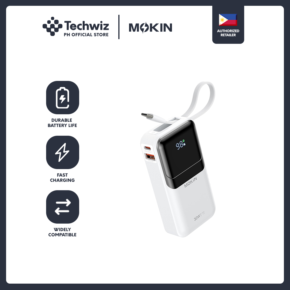 MOKiN 10,000mAh 30W Portable Power Bank - Built-in USB C & iOS Cables Black/ White - PH