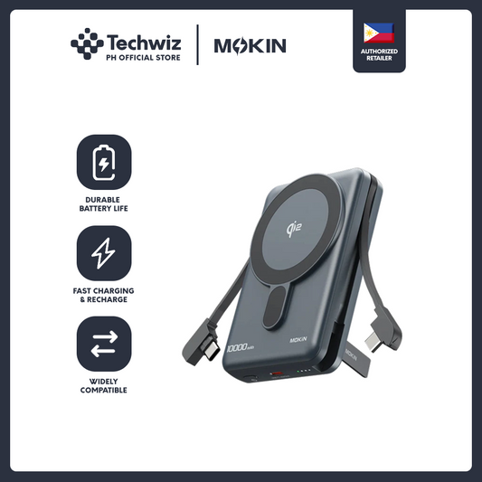 MOKiN 10000mAh Magnetic Power Bank with 15W Qi2 Wireless Charging, Built-in USB-C Cable for iPhone Gray/ White - PH