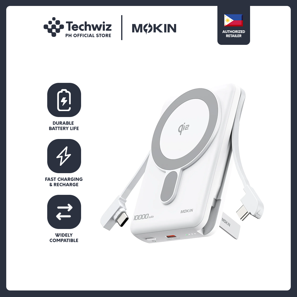 MOKiN 10000mAh Magnetic Power Bank with 15W Qi2 Wireless Charging, Built-in USB-C Cable for iPhone Gray/ White - PH