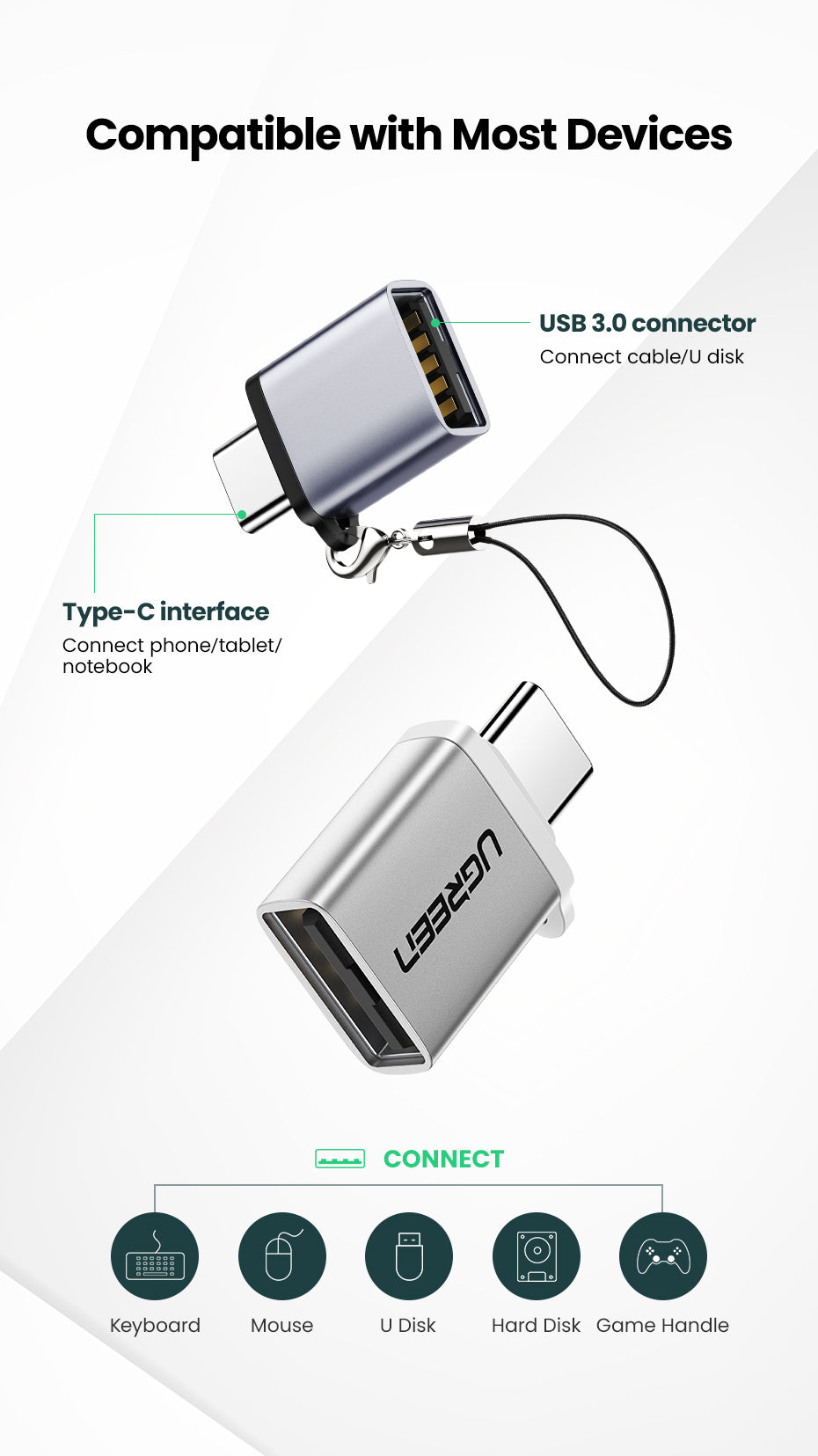 UGREEN Type C Male to USB 3.0 Female Adapter with OTG for Android Phones