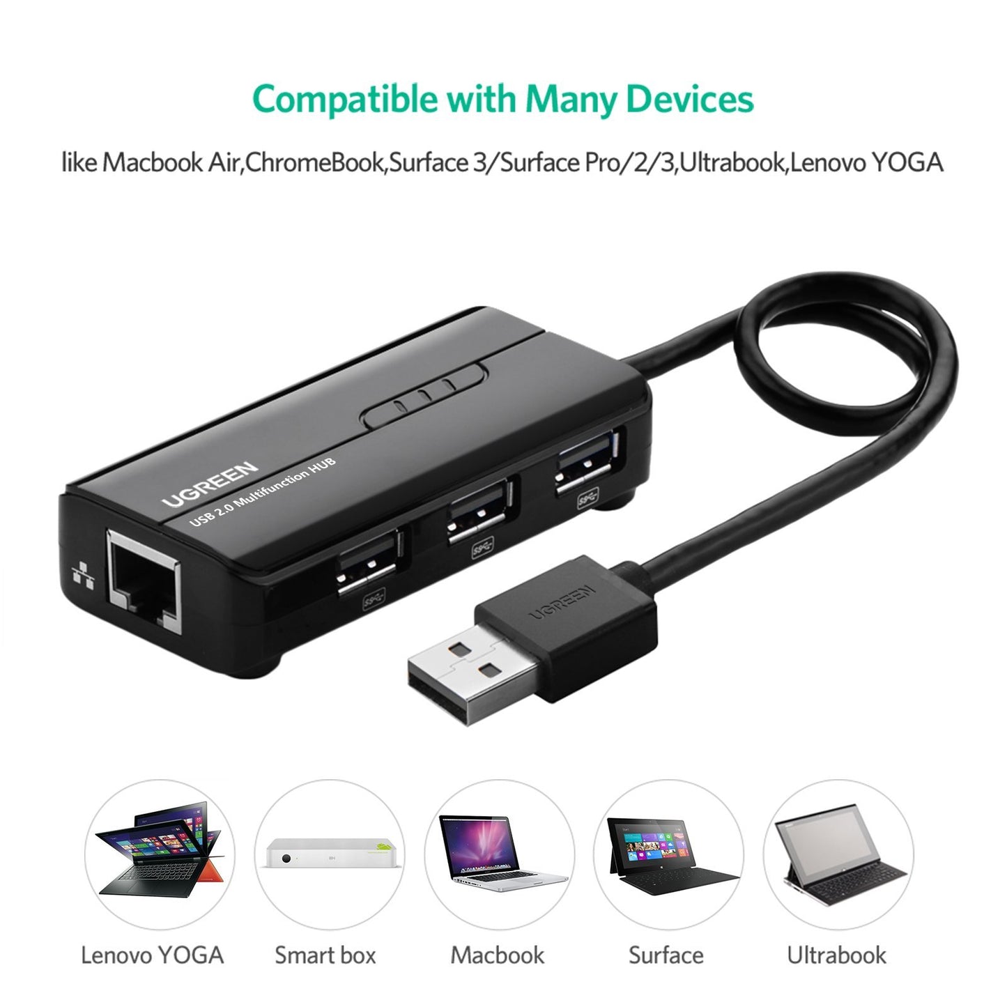 UGREEN 4 Port USB 2.0 Hub with 10/100Mbps RJ45 Ethernet Network Adapter / USB 3.0 Hub with Gigabit Ethernet Adapter