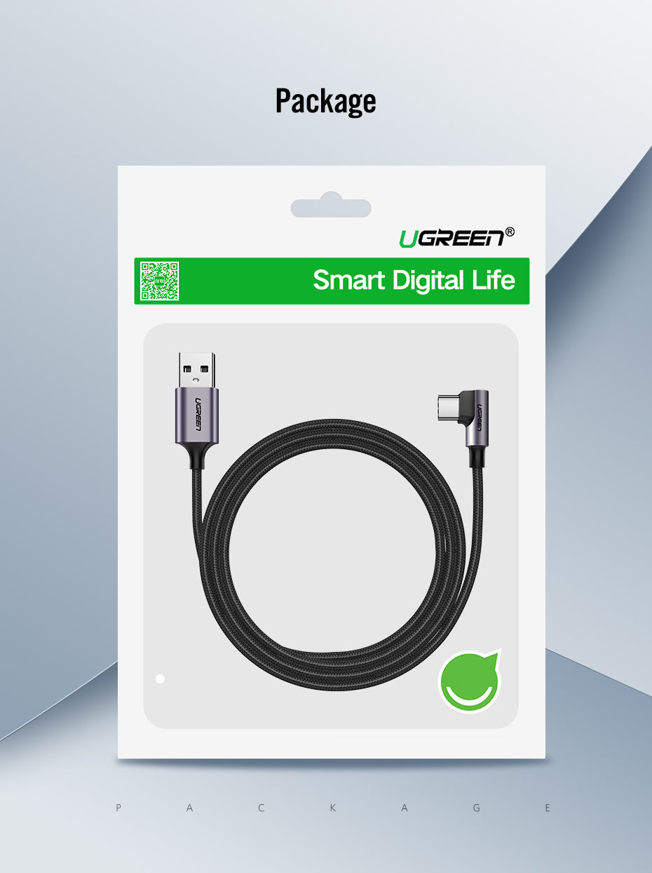 UGREEN USB 2.0 3A Male to USB-C (90°) Cable Nylon Braided Fast Charger for Samsung Xiaomi Android