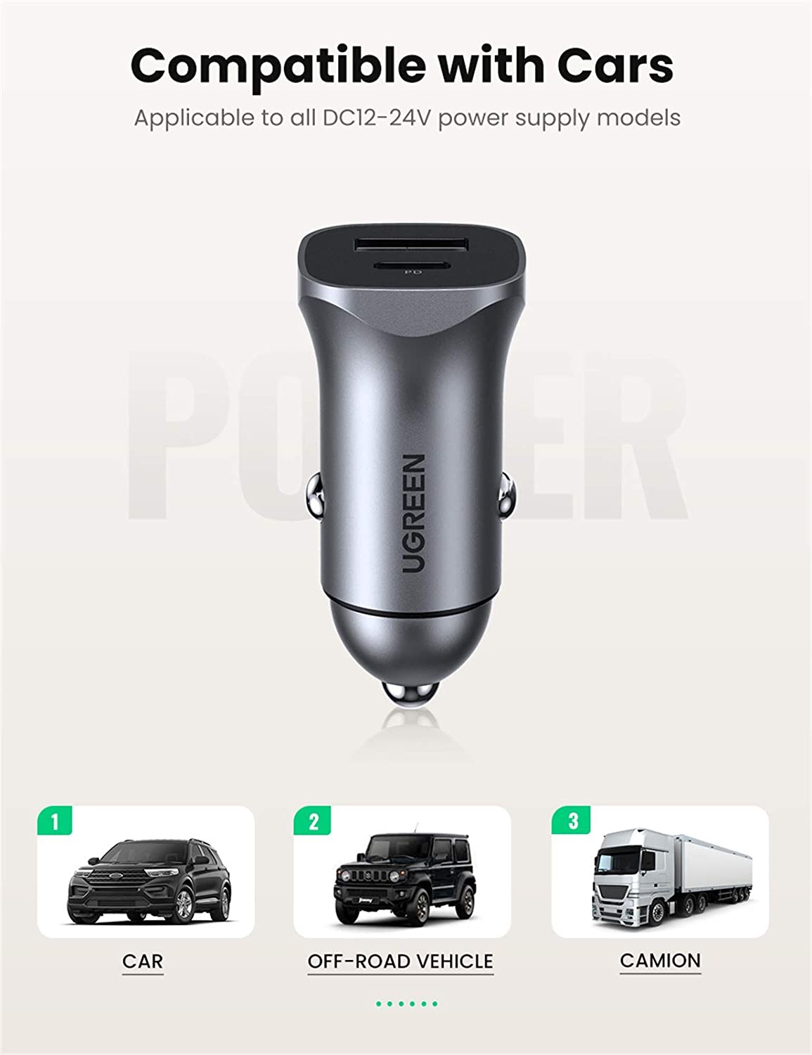 UGREEN PD Fast Car Charger, 18W USB C and USB A Dual Ports Metal Mini Car Adapter