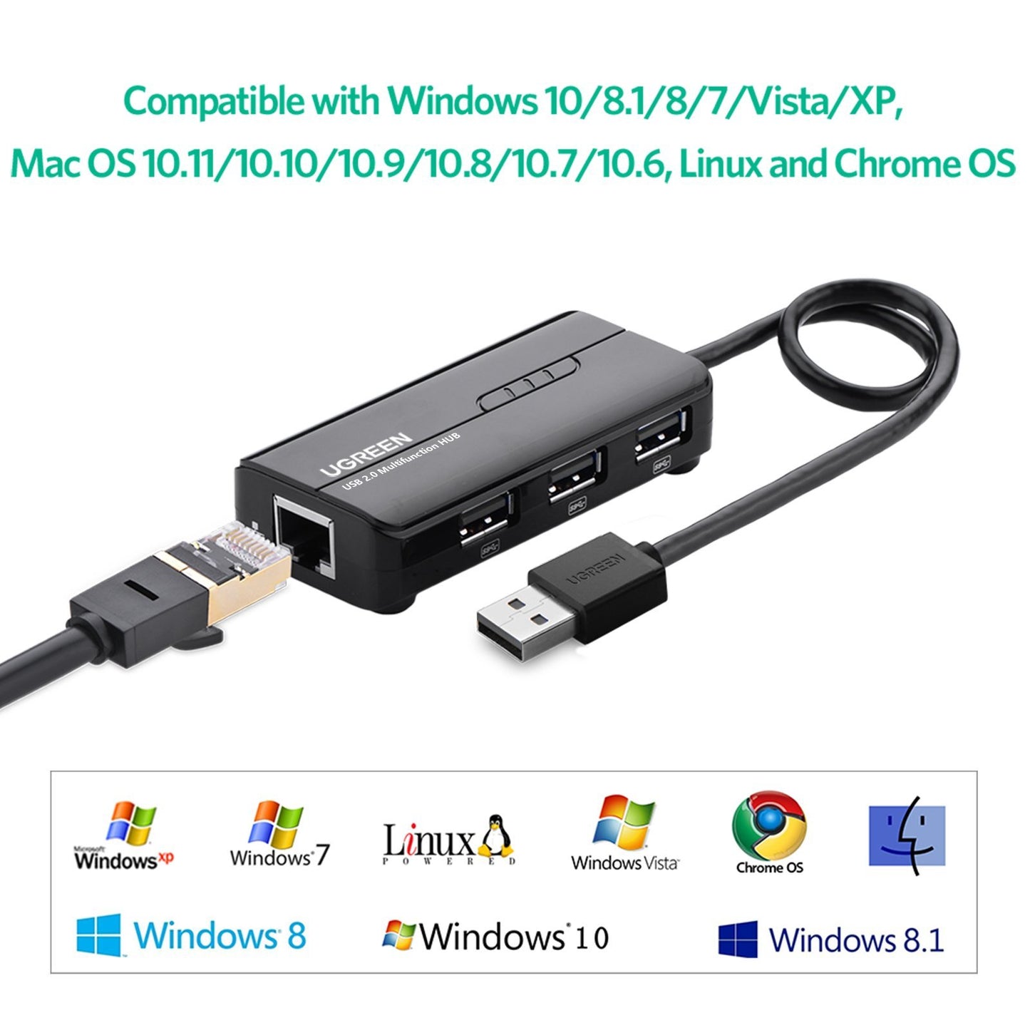 UGREEN 4 Port USB 2.0 Hub with 10/100Mbps RJ45 Ethernet Network Adapter / USB 3.0 Hub with Gigabit Ethernet Adapter