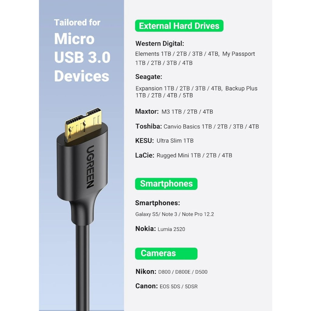 [Techwiz] UGREEN USB 3.0 A Male to Micro USB 3.0 Male Cable 1m (Black) - PH